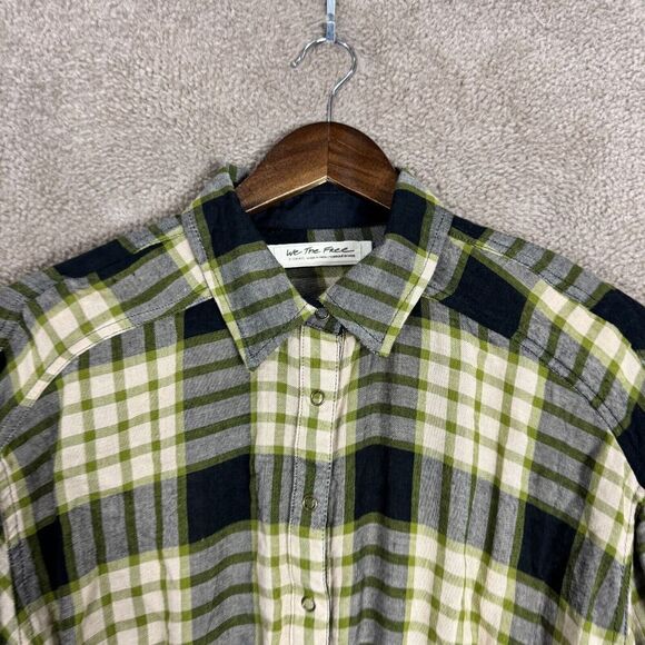 Free People Pacific Dawn Shirt Women's Size XS Black Combo‎ Plaid Ruched-Sleeve - Picture 3 of 13